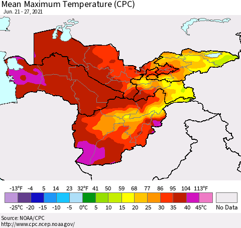 Central Asia Mean Maximum Temperature (CPC) Thematic Map For 6/21/2021 - 6/27/2021