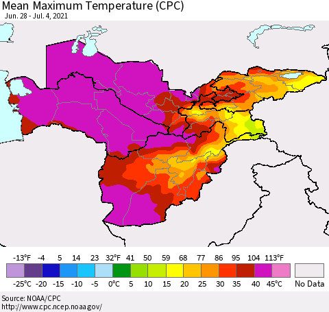 Central Asia Mean Maximum Temperature (CPC) Thematic Map For 6/28/2021 - 7/4/2021