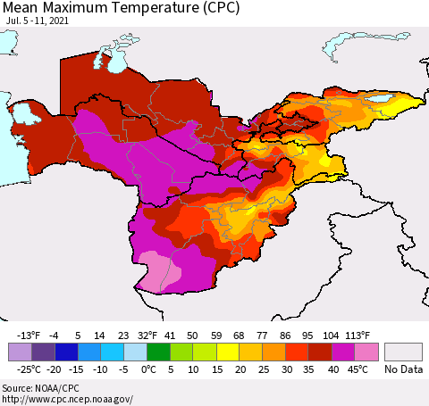 Central Asia Mean Maximum Temperature (CPC) Thematic Map For 7/5/2021 - 7/11/2021