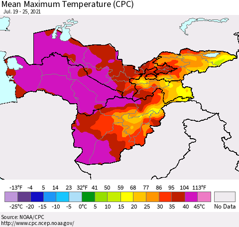 Central Asia Mean Maximum Temperature (CPC) Thematic Map For 7/19/2021 - 7/25/2021