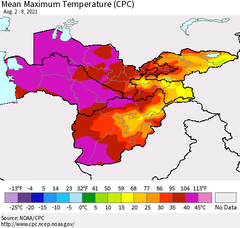 Central Asia Mean Maximum Temperature (CPC) Thematic Map For 8/2/2021 - 8/8/2021