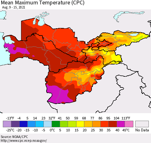 Central Asia Mean Maximum Temperature (CPC) Thematic Map For 8/9/2021 - 8/15/2021
