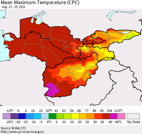 Central Asia Mean Maximum Temperature (CPC) Thematic Map For 8/23/2021 - 8/29/2021