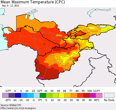 Central Asia Mean Maximum Temperature (CPC) Thematic Map For 9/6/2021 - 9/12/2021