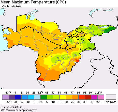 Central Asia Mean Maximum Temperature (CPC) Thematic Map For 10/11/2021 - 10/17/2021