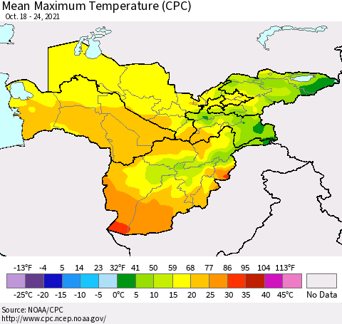 Central Asia Mean Maximum Temperature (CPC) Thematic Map For 10/18/2021 - 10/24/2021