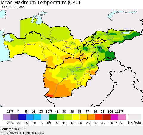 Central Asia Mean Maximum Temperature (CPC) Thematic Map For 10/25/2021 - 10/31/2021