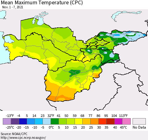 Central Asia Mean Maximum Temperature (CPC) Thematic Map For 11/1/2021 - 11/7/2021