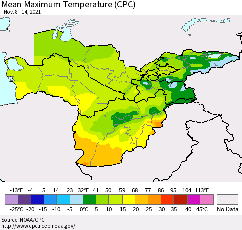 Central Asia Mean Maximum Temperature (CPC) Thematic Map For 11/8/2021 - 11/14/2021