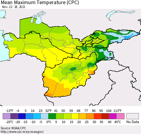 Central Asia Mean Maximum Temperature (CPC) Thematic Map For 11/22/2021 - 11/28/2021
