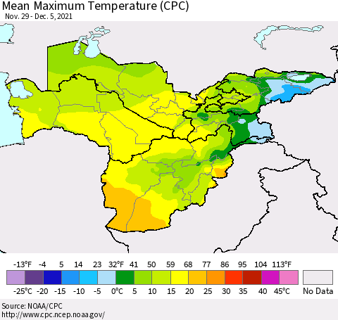 Central Asia Mean Maximum Temperature (CPC) Thematic Map For 11/29/2021 - 12/5/2021