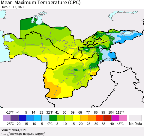 Central Asia Mean Maximum Temperature (CPC) Thematic Map For 12/6/2021 - 12/12/2021