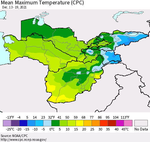 Central Asia Mean Maximum Temperature (CPC) Thematic Map For 12/13/2021 - 12/19/2021