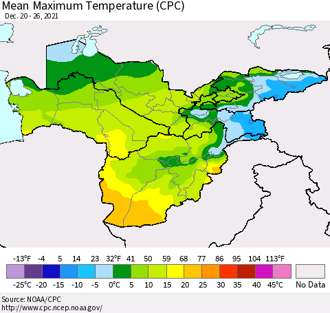Central Asia Mean Maximum Temperature (CPC) Thematic Map For 12/20/2021 - 12/26/2021