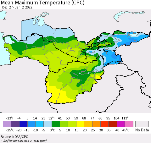 Central Asia Mean Maximum Temperature (CPC) Thematic Map For 12/27/2021 - 1/2/2022