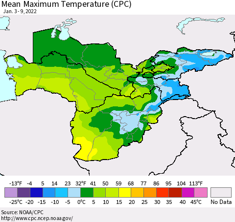 Central Asia Mean Maximum Temperature (CPC) Thematic Map For 1/3/2022 - 1/9/2022