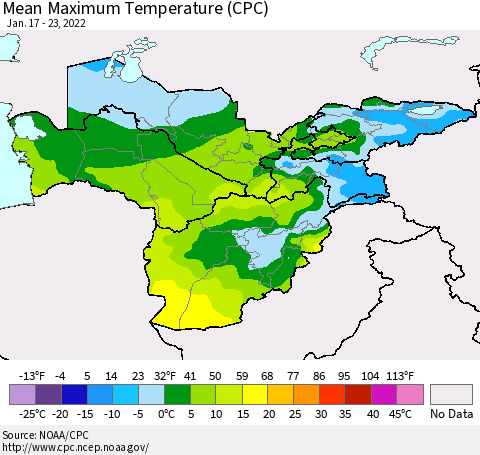 Central Asia Mean Maximum Temperature (CPC) Thematic Map For 1/17/2022 - 1/23/2022