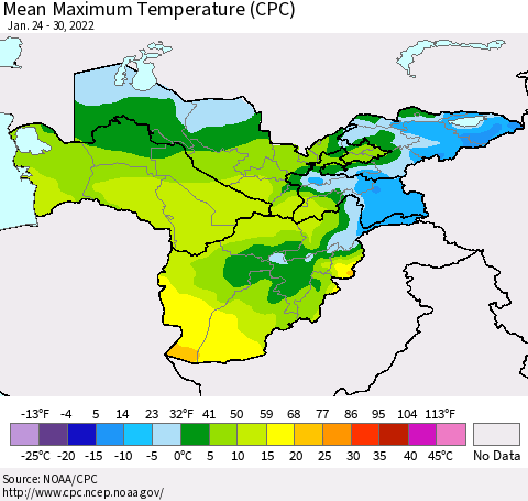 Central Asia Mean Maximum Temperature (CPC) Thematic Map For 1/24/2022 - 1/30/2022