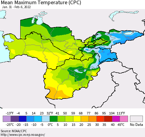 Central Asia Mean Maximum Temperature (CPC) Thematic Map For 1/31/2022 - 2/6/2022