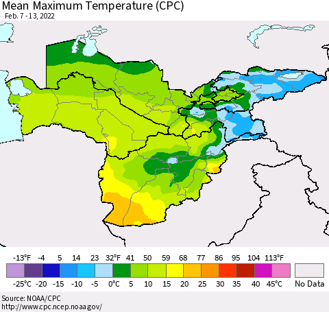 Central Asia Mean Maximum Temperature (CPC) Thematic Map For 2/7/2022 - 2/13/2022