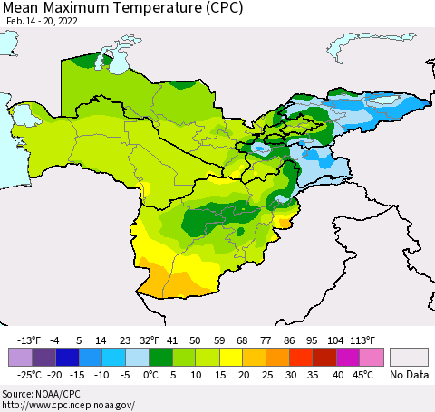 Central Asia Mean Maximum Temperature (CPC) Thematic Map For 2/14/2022 - 2/20/2022