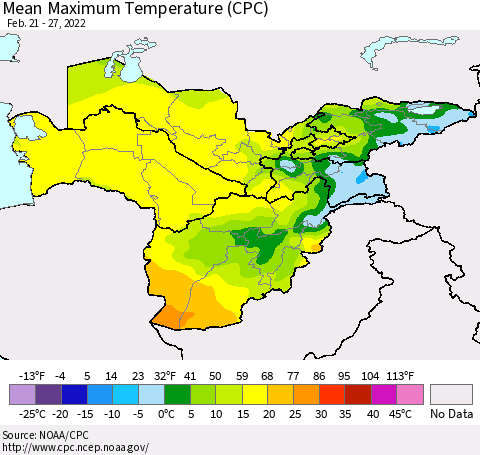 Central Asia Mean Maximum Temperature (CPC) Thematic Map For 2/21/2022 - 2/27/2022