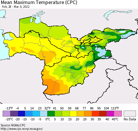 Central Asia Mean Maximum Temperature (CPC) Thematic Map For 2/28/2022 - 3/6/2022