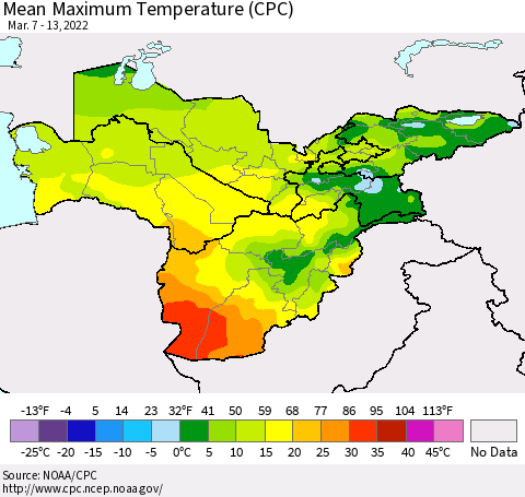 Central Asia Mean Maximum Temperature (CPC) Thematic Map For 3/7/2022 - 3/13/2022