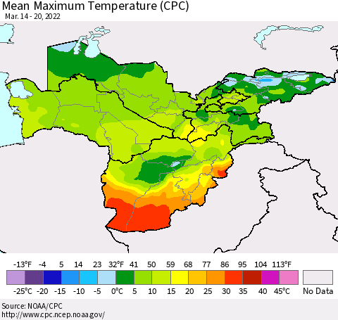 Central Asia Mean Maximum Temperature (CPC) Thematic Map For 3/14/2022 - 3/20/2022