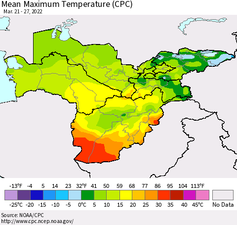 Central Asia Mean Maximum Temperature (CPC) Thematic Map For 3/21/2022 - 3/27/2022