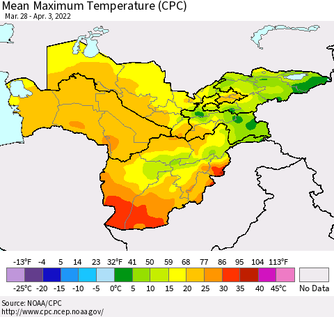 Central Asia Mean Maximum Temperature (CPC) Thematic Map For 3/28/2022 - 4/3/2022