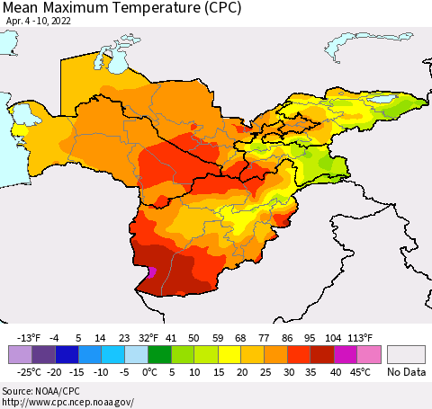 Central Asia Mean Maximum Temperature (CPC) Thematic Map For 4/4/2022 - 4/10/2022