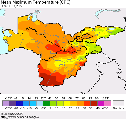 Central Asia Mean Maximum Temperature (CPC) Thematic Map For 4/11/2022 - 4/17/2022