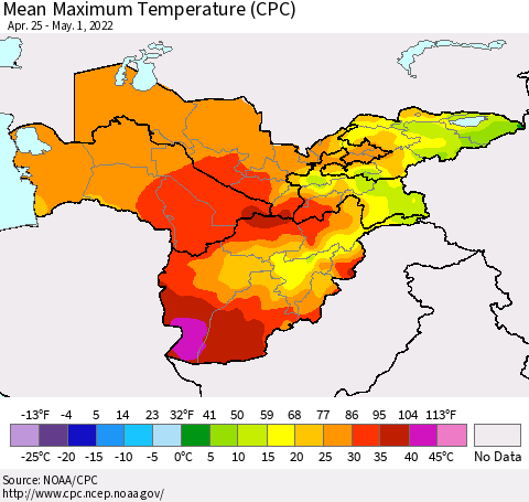 Central Asia Mean Maximum Temperature (CPC) Thematic Map For 4/25/2022 - 5/1/2022