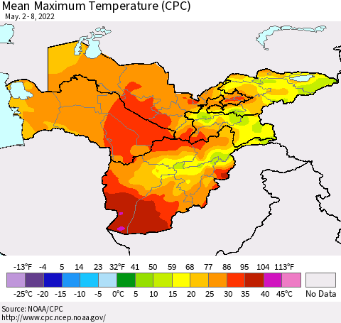 Central Asia Mean Maximum Temperature (CPC) Thematic Map For 5/2/2022 - 5/8/2022