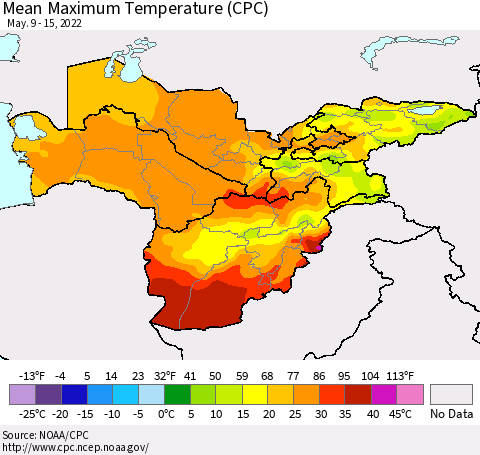 Central Asia Mean Maximum Temperature (CPC) Thematic Map For 5/9/2022 - 5/15/2022