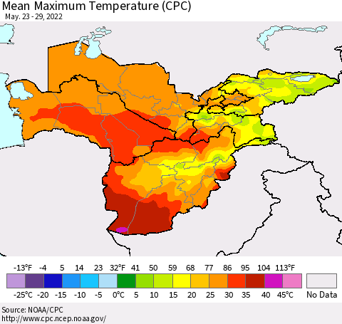 Central Asia Mean Maximum Temperature (CPC) Thematic Map For 5/23/2022 - 5/29/2022