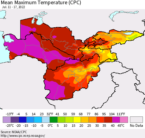 Central Asia Mean Maximum Temperature (CPC) Thematic Map For 7/11/2022 - 7/17/2022