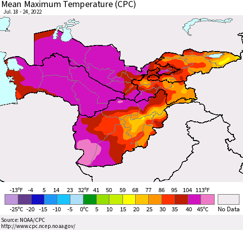 Central Asia Mean Maximum Temperature (CPC) Thematic Map For 7/18/2022 - 7/24/2022