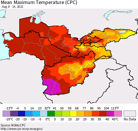 Central Asia Mean Maximum Temperature (CPC) Thematic Map For 8/8/2022 - 8/14/2022
