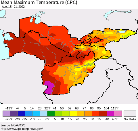 Central Asia Mean Maximum Temperature (CPC) Thematic Map For 8/15/2022 - 8/21/2022