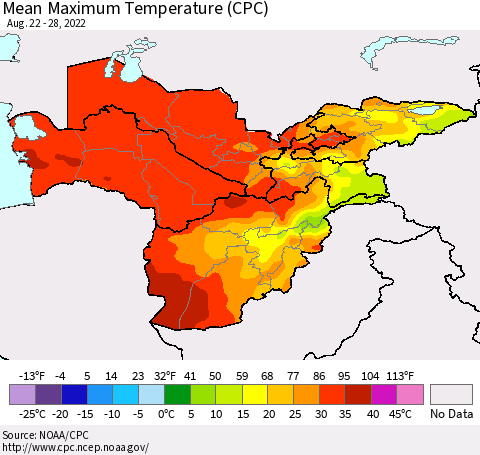 Central Asia Mean Maximum Temperature (CPC) Thematic Map For 8/22/2022 - 8/28/2022