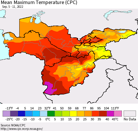Central Asia Mean Maximum Temperature (CPC) Thematic Map For 9/5/2022 - 9/11/2022