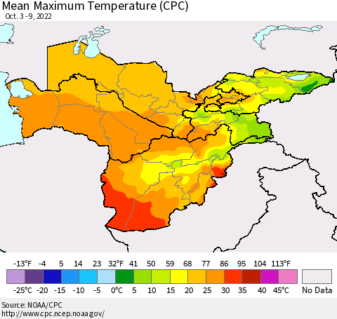 Central Asia Mean Maximum Temperature (CPC) Thematic Map For 10/3/2022 - 10/9/2022