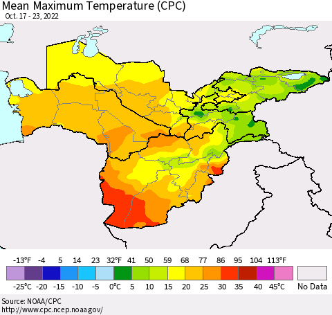 Central Asia Mean Maximum Temperature (CPC) Thematic Map For 10/17/2022 - 10/23/2022