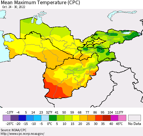 Central Asia Mean Maximum Temperature (CPC) Thematic Map For 10/24/2022 - 10/30/2022