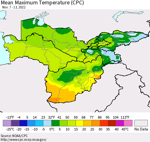 Central Asia Mean Maximum Temperature (CPC) Thematic Map For 11/7/2022 - 11/13/2022