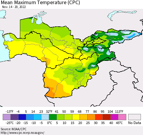 Central Asia Mean Maximum Temperature (CPC) Thematic Map For 11/14/2022 - 11/20/2022