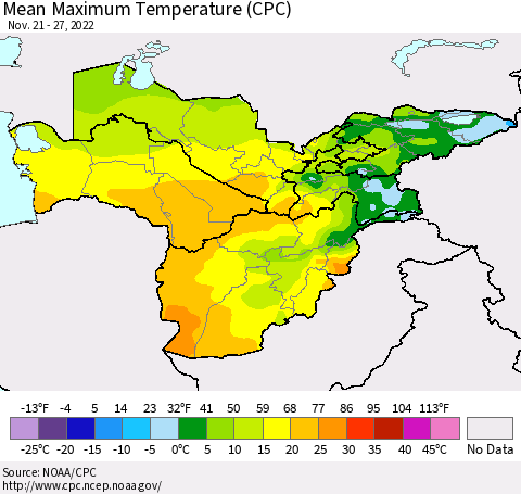 Central Asia Mean Maximum Temperature (CPC) Thematic Map For 11/21/2022 - 11/27/2022
