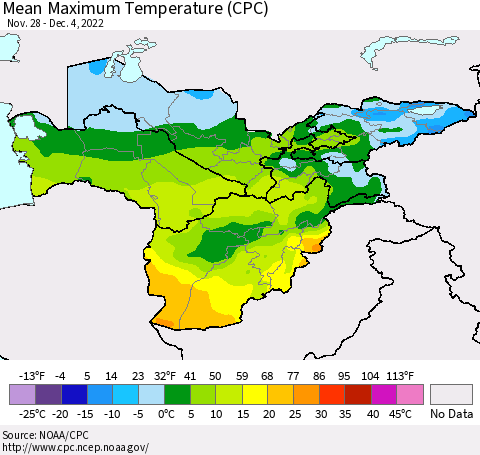 Central Asia Mean Maximum Temperature (CPC) Thematic Map For 11/28/2022 - 12/4/2022